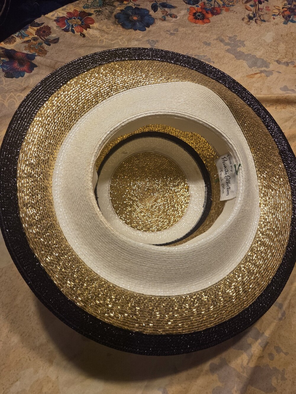 Vintage FRANK OLIVE Stylish Gold & White Straw Sun Hat with Black Band - Picture 6 of 7